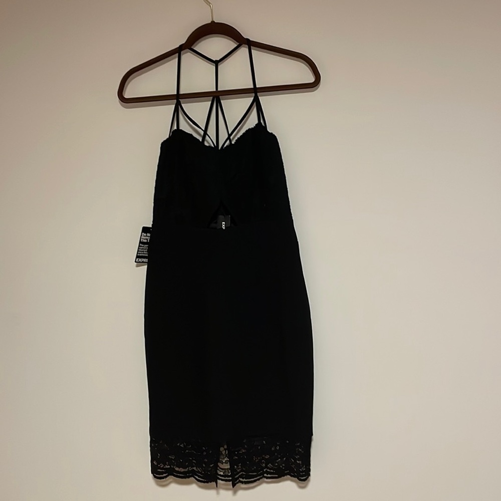 NEW Express Little Black Dress Lace Top 6 Strappy Mid Knee Fitted